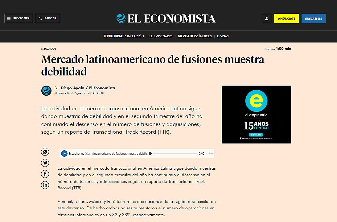 Mercado latinoamericano de fusiones muestra debilidad